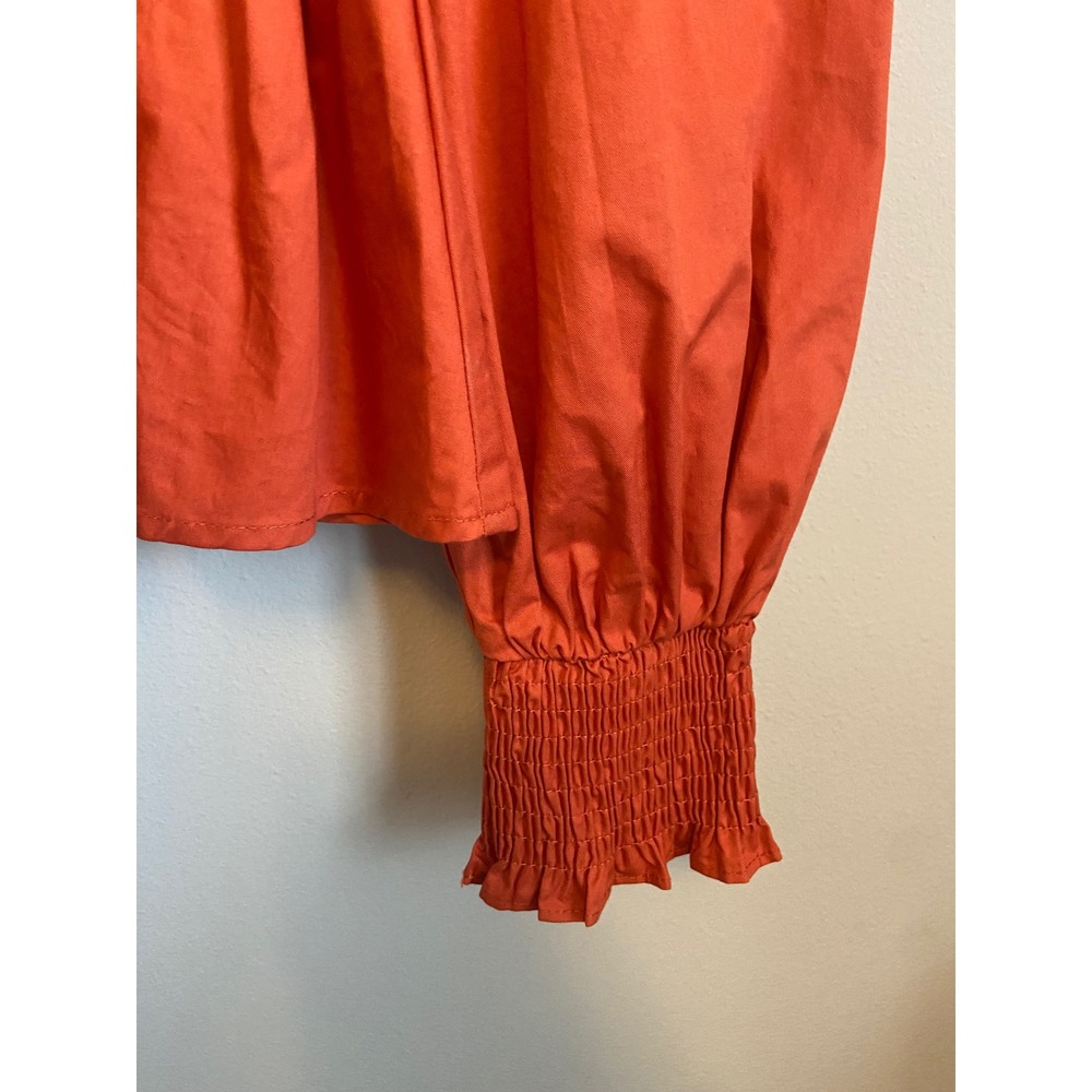 En Saison Coral Orange Mixed Media Peplum Top‎ Puff Sleeve V-Neck Small - Picture 3 of 8
